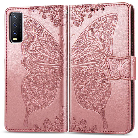 Funda de Cuero Cartera con Soporte Mariposa Carcasa para Vivo Y12s (2021) Rosa