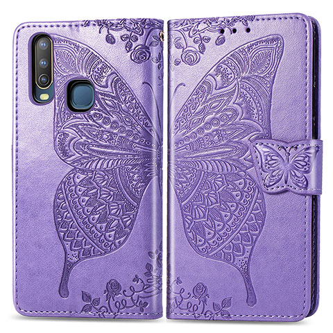 Funda de Cuero Cartera con Soporte Mariposa Carcasa para Vivo Y15 Purpura Claro