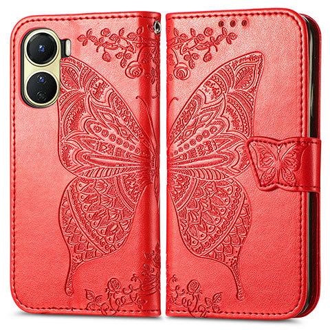 Funda de Cuero Cartera con Soporte Mariposa Carcasa para Vivo Y16 Rojo