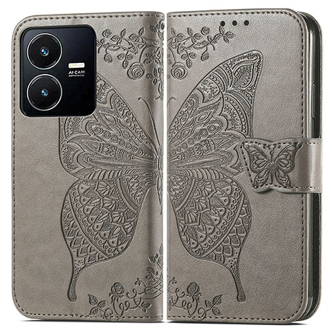 Funda de Cuero Cartera con Soporte Mariposa Carcasa para Vivo Y22 Gris