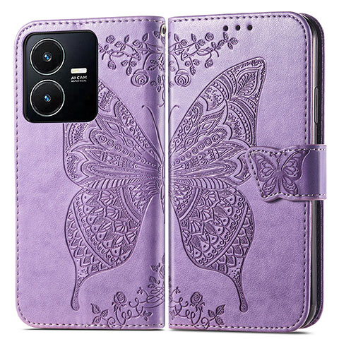 Funda de Cuero Cartera con Soporte Mariposa Carcasa para Vivo Y22 Purpura Claro