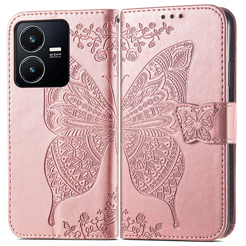 Funda de Cuero Cartera con Soporte Mariposa Carcasa para Vivo Y22 Rosa