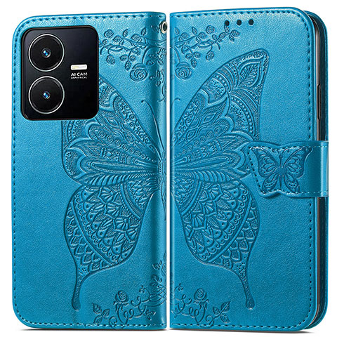 Funda de Cuero Cartera con Soporte Mariposa Carcasa para Vivo Y22s Azul