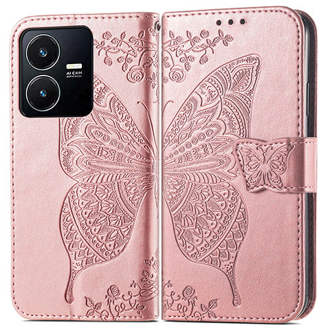 Funda de Cuero Cartera con Soporte Mariposa Carcasa para Vivo Y22s Rosa