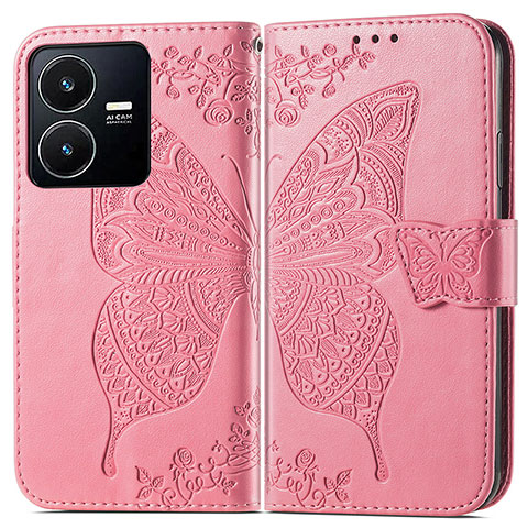 Funda de Cuero Cartera con Soporte Mariposa Carcasa para Vivo Y22s Rosa Roja