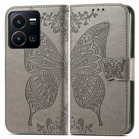 Funda de Cuero Cartera con Soporte Mariposa Carcasa para Vivo Y35 4G Gris