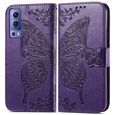 Funda de Cuero Cartera con Soporte Mariposa Carcasa para Vivo Y52 5G Morado