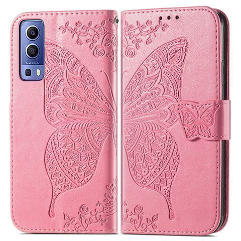 Funda de Cuero Cartera con Soporte Mariposa Carcasa para Vivo Y52 5G Rosa Roja