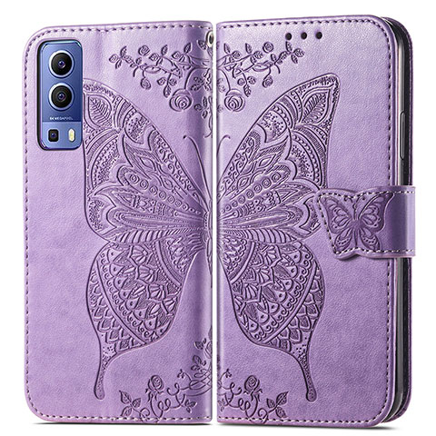 Funda de Cuero Cartera con Soporte Mariposa Carcasa para Vivo Y72 5G Purpura Claro