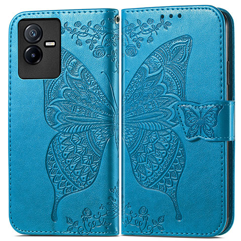 Funda de Cuero Cartera con Soporte Mariposa Carcasa para Vivo Y73t Azul