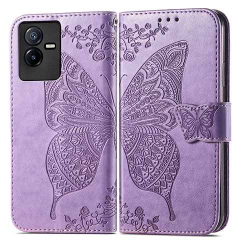 Funda de Cuero Cartera con Soporte Mariposa Carcasa para Vivo Y73t Purpura Claro