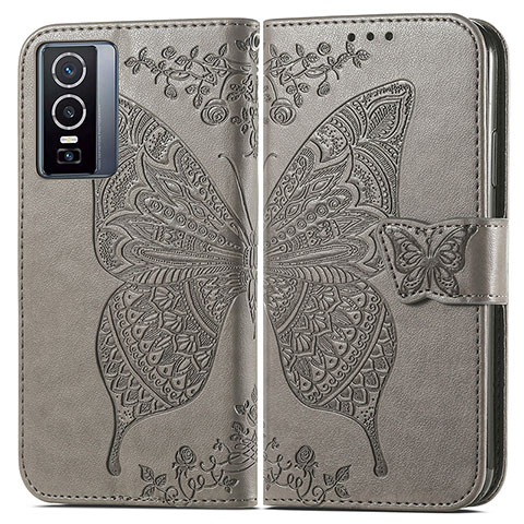 Funda de Cuero Cartera con Soporte Mariposa Carcasa para Vivo Y76 5G Gris