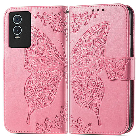 Funda de Cuero Cartera con Soporte Mariposa Carcasa para Vivo Y76s 5G Rosa Roja