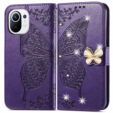 Funda de Cuero Cartera con Soporte Mariposa Carcasa para Xiaomi Mi 11 Lite 4G Morado