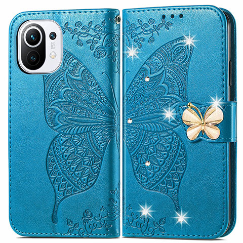 Funda de Cuero Cartera con Soporte Mariposa Carcasa para Xiaomi Mi 11 Lite 5G Azul