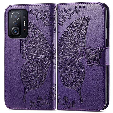 Funda de Cuero Cartera con Soporte Mariposa Carcasa para Xiaomi Mi 11T 5G Morado