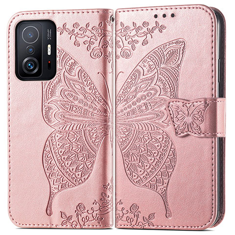 Funda de Cuero Cartera con Soporte Mariposa Carcasa para Xiaomi Mi 11T 5G Rosa