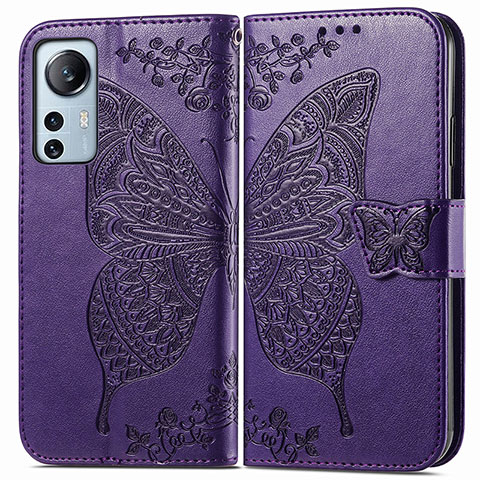 Funda de Cuero Cartera con Soporte Mariposa Carcasa para Xiaomi Mi 12 Pro 5G Morado