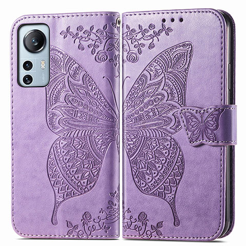 Funda de Cuero Cartera con Soporte Mariposa Carcasa para Xiaomi Mi 12 Pro 5G Purpura Claro