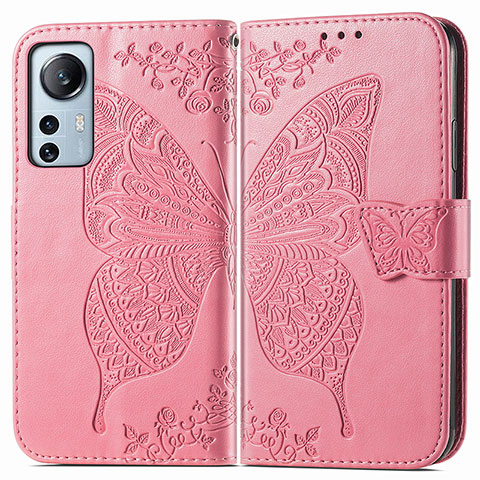 Funda de Cuero Cartera con Soporte Mariposa Carcasa para Xiaomi Mi 12 Pro 5G Rosa Roja