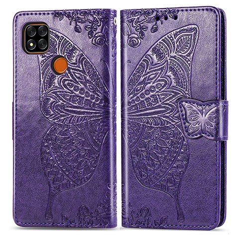 Funda de Cuero Cartera con Soporte Mariposa Carcasa para Xiaomi POCO C3 Morado