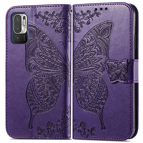 Funda de Cuero Cartera con Soporte Mariposa Carcasa para Xiaomi POCO M3 Pro 5G Morado