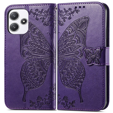 Funda de Cuero Cartera con Soporte Mariposa Carcasa para Xiaomi Poco M6 Pro 5G Morado