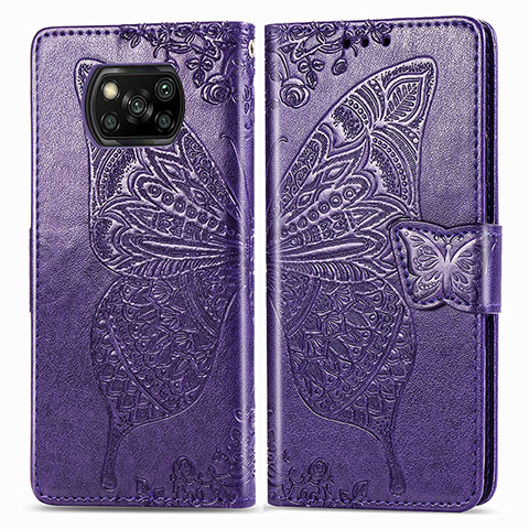 Funda de Cuero Cartera con Soporte Mariposa Carcasa para Xiaomi Poco X3 NFC Morado