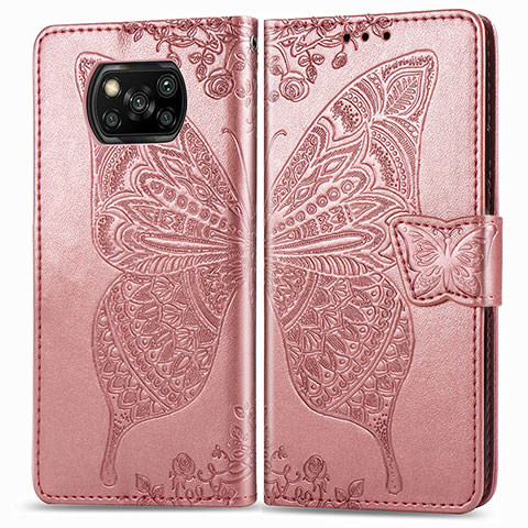 Funda de Cuero Cartera con Soporte Mariposa Carcasa para Xiaomi Poco X3 NFC Rosa