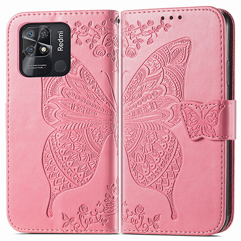 Funda de Cuero Cartera con Soporte Mariposa Carcasa para Xiaomi Redmi 10C 4G Rosa Roja