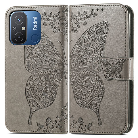 Funda de Cuero Cartera con Soporte Mariposa Carcasa para Xiaomi Redmi 12C 4G Gris