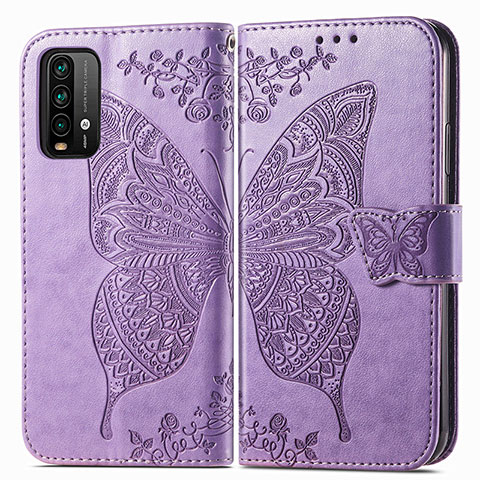 Funda de Cuero Cartera con Soporte Mariposa Carcasa para Xiaomi Redmi 9 Power Purpura Claro