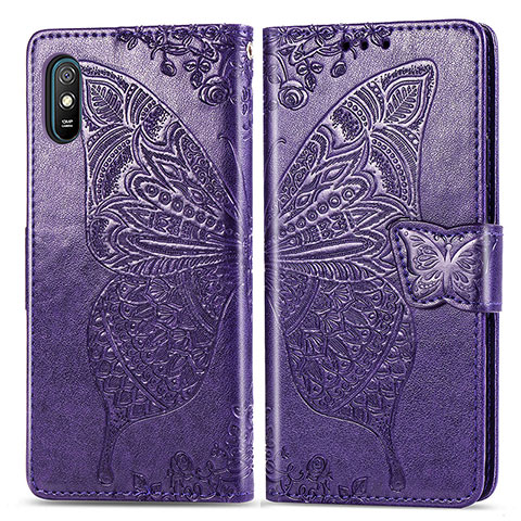 Funda de Cuero Cartera con Soporte Mariposa Carcasa para Xiaomi Redmi 9A Morado