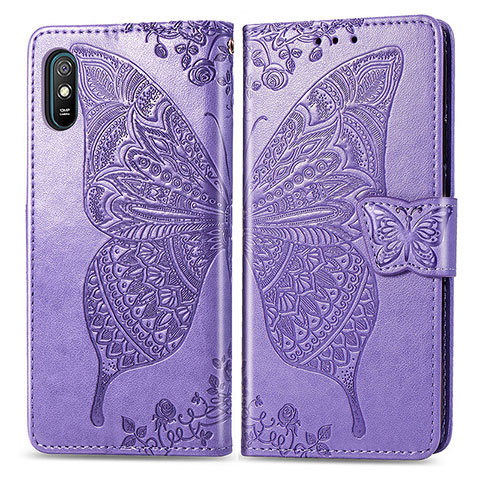 Funda de Cuero Cartera con Soporte Mariposa Carcasa para Xiaomi Redmi 9A Purpura Claro