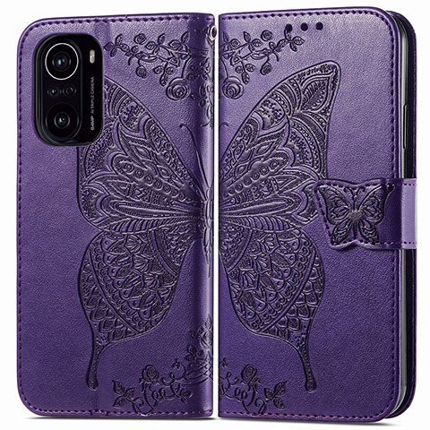 Funda de Cuero Cartera con Soporte Mariposa Carcasa para Xiaomi Redmi K40 5G Morado