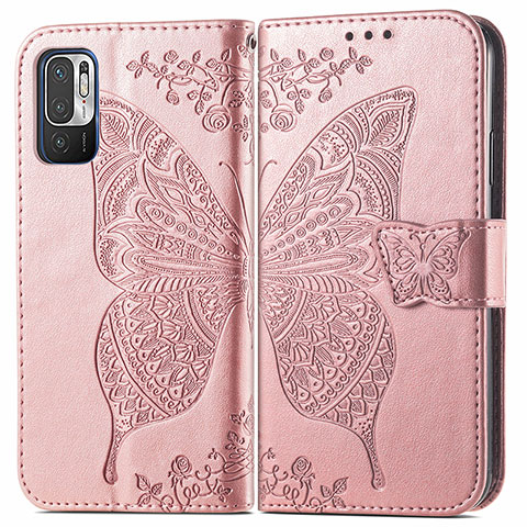 Funda de Cuero Cartera con Soporte Mariposa Carcasa para Xiaomi Redmi Note 10 5G Rosa