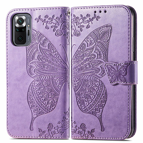 Funda de Cuero Cartera con Soporte Mariposa Carcasa para Xiaomi Redmi Note 10 Pro 4G Purpura Claro