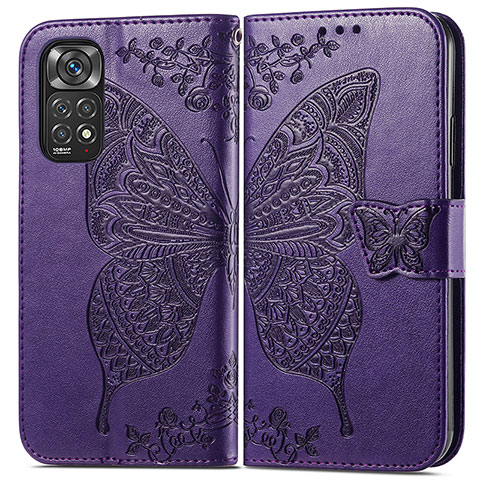 Funda de Cuero Cartera con Soporte Mariposa Carcasa para Xiaomi Redmi Note 11 4G (2022) Morado