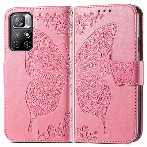 Funda de Cuero Cartera con Soporte Mariposa Carcasa para Xiaomi Redmi Note 11T 5G Rosa Roja