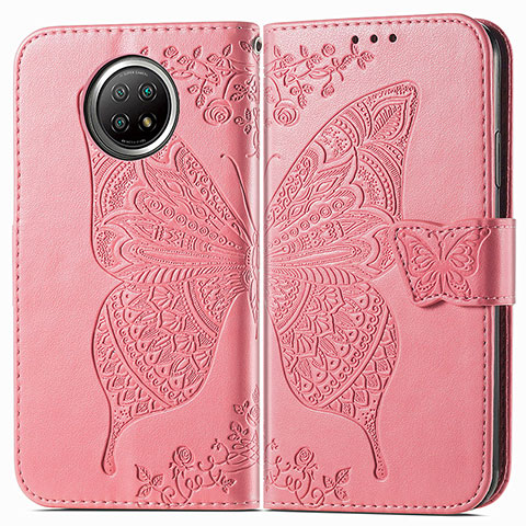 Funda de Cuero Cartera con Soporte Mariposa Carcasa para Xiaomi Redmi Note 9 5G Rosa Roja