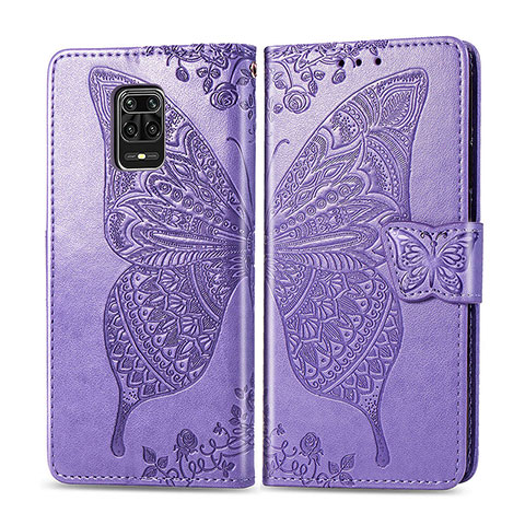 Funda de Cuero Cartera con Soporte Mariposa Carcasa para Xiaomi Redmi Note 9 Pro Max Purpura Claro