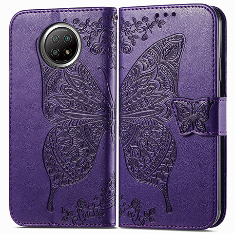 Funda de Cuero Cartera con Soporte Mariposa Carcasa para Xiaomi Redmi Note 9T 5G Morado