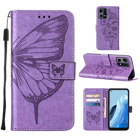 Funda de Cuero Cartera con Soporte Mariposa Carcasa Y01B para Oppo F21 Pro 4G Purpura Claro