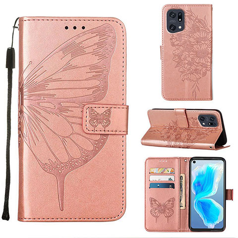 Funda de Cuero Cartera con Soporte Mariposa Carcasa Y01B para Oppo Find X5 Pro 5G Oro Rosa