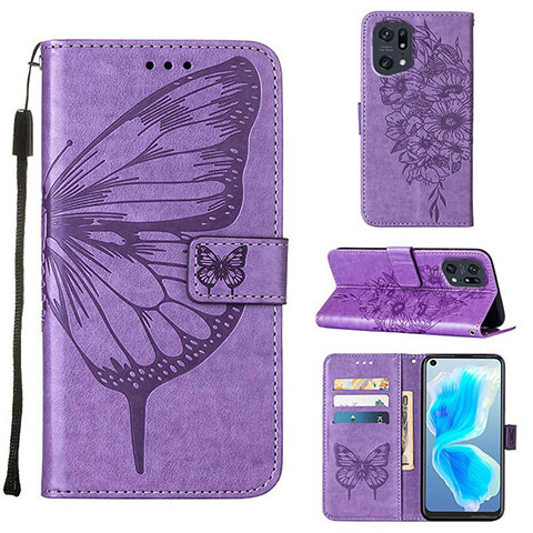 Funda de Cuero Cartera con Soporte Mariposa Carcasa Y01B para Oppo Find X5 Pro 5G Purpura Claro