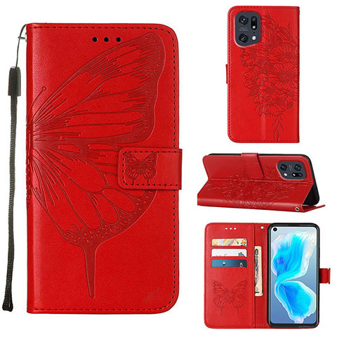 Funda de Cuero Cartera con Soporte Mariposa Carcasa Y01B para Oppo Find X5 Pro 5G Rojo