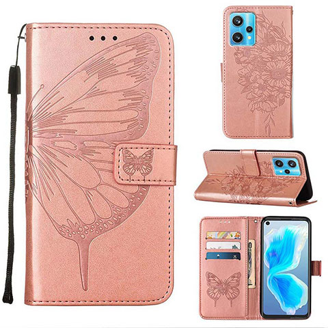 Funda de Cuero Cartera con Soporte Mariposa Carcasa Y01B para Realme 9 Pro+ Plus 5G Oro Rosa