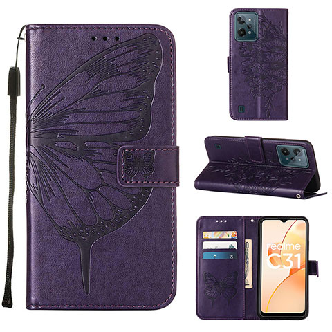 Funda de Cuero Cartera con Soporte Mariposa Carcasa Y01B para Realme C31 Morado