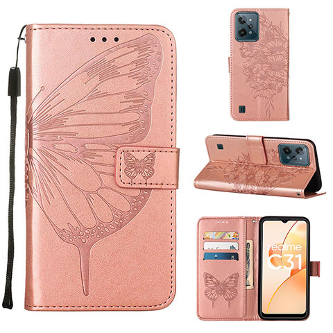 Funda de Cuero Cartera con Soporte Mariposa Carcasa Y01B para Realme C31 Oro Rosa