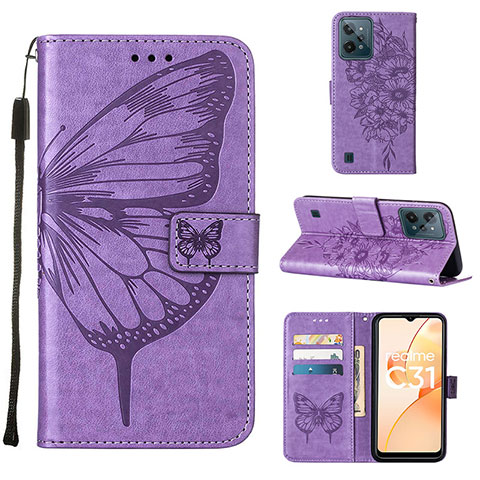 Funda de Cuero Cartera con Soporte Mariposa Carcasa Y01B para Realme C31 Purpura Claro